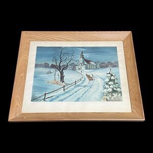 Unused Christmas Sleigh Horse Winter Farm Country Vintage 1960s Decor Wall Art